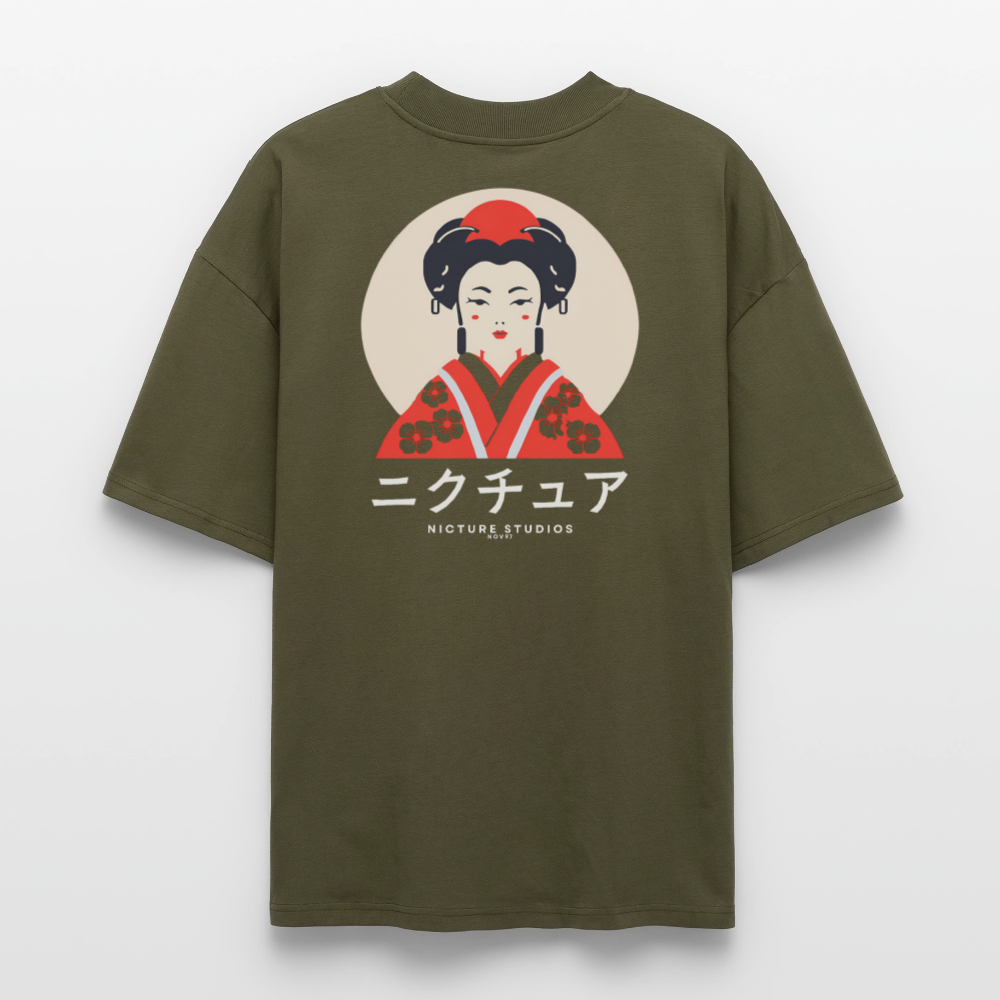 Japanese Geisha Oversized Unisex Bio T-Shirt - Khaki