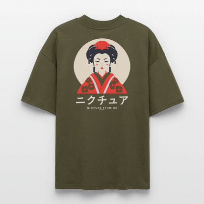 Japanese Geisha Oversized Unisex Bio T-Shirt - Khaki
