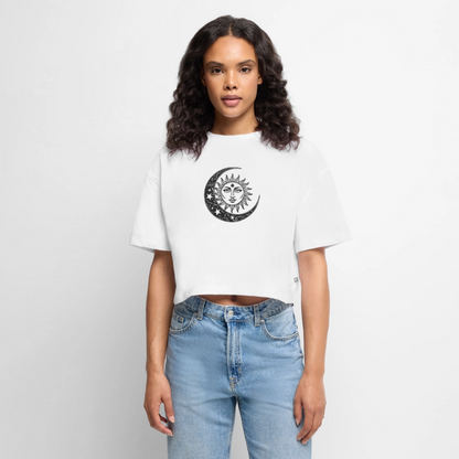 Sonne Mond Sterne Oversized Cropped T-Shirt - Weiß